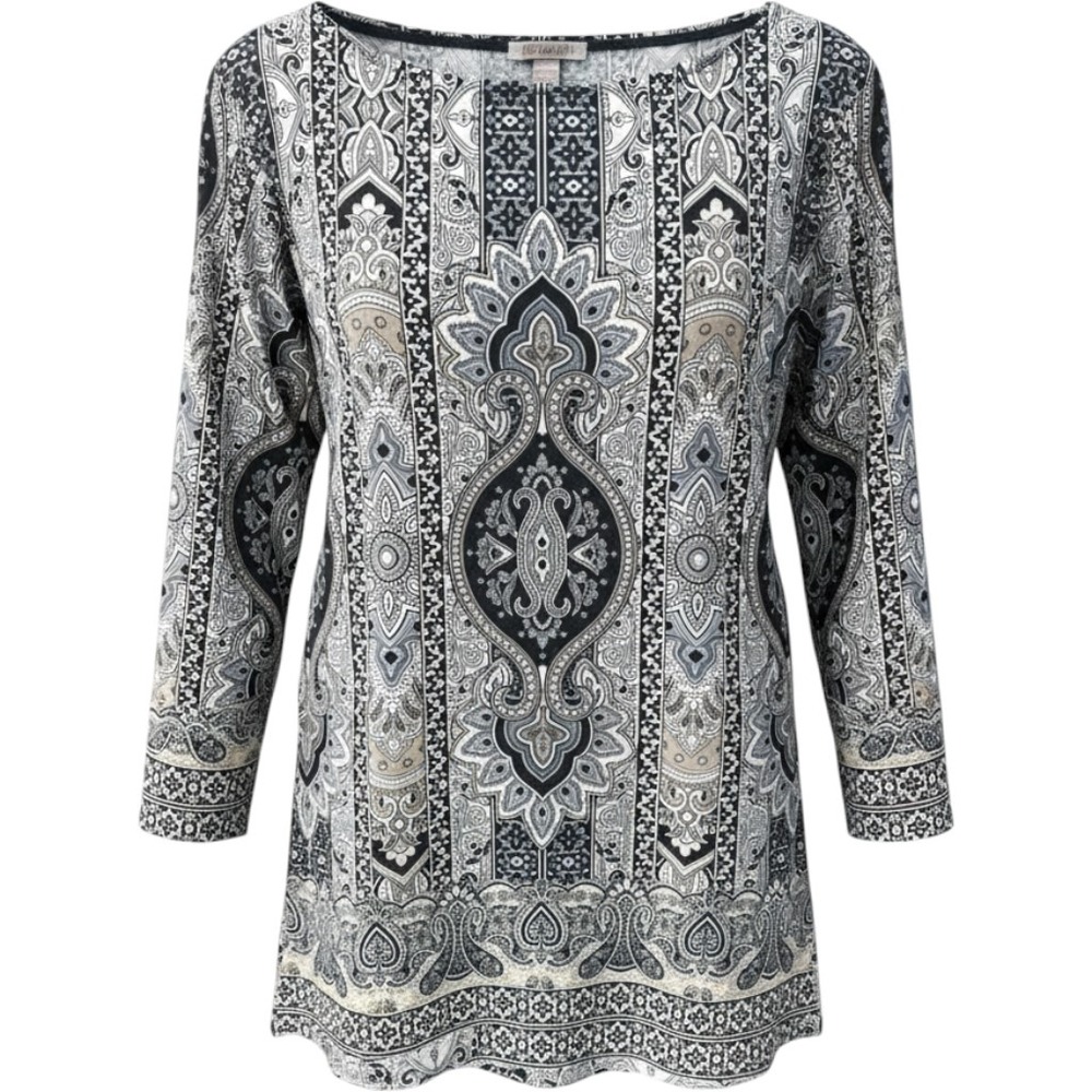 Roz & Ali Women 3X Paisley Print Tunic Top 3/4 Sleeve Black White Tan Stretch